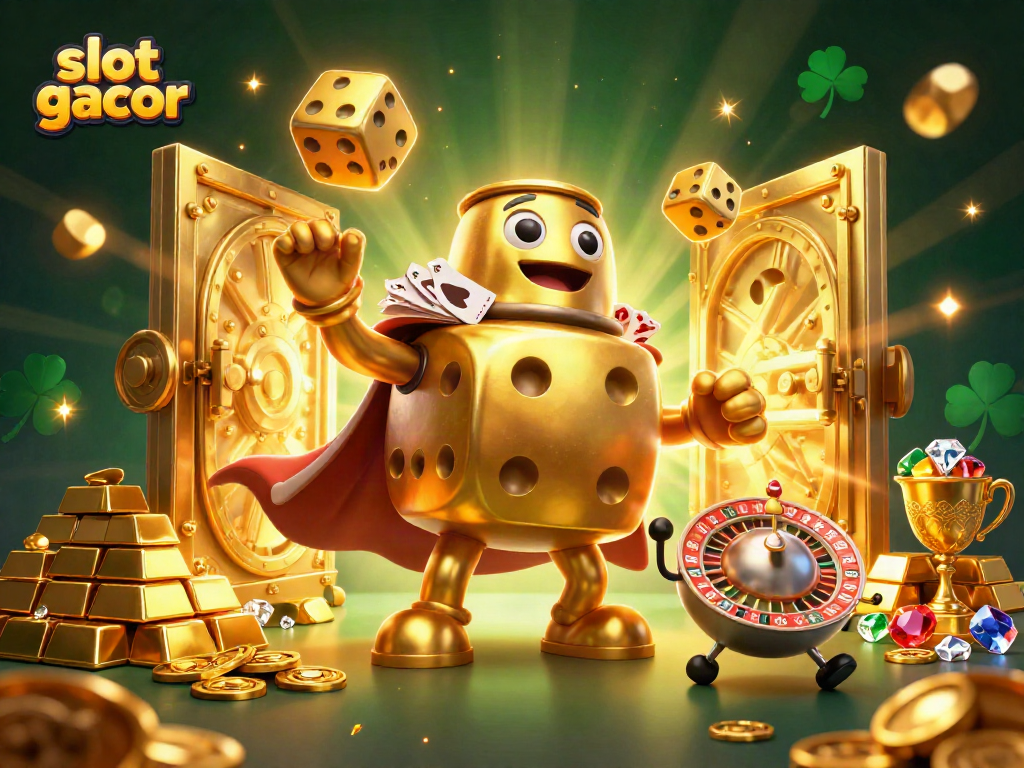Experience slot gacor winnings with a vibrant casino-themed illustration featuring a golden dice golem.