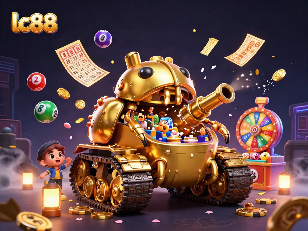 Engage with lc88’s vibrant casino scene featuring a golden beetle tank and dynamic lottery elements.