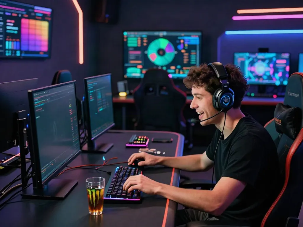 Crypto casino Canada that accepts Bitcoin, featuring a gamer enjoying a thrilling gaming experience with vibrant screens.