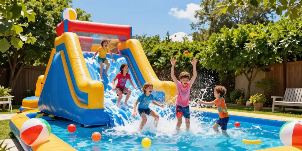 Children playing on a colorful water slide, splashing joyfully into the pool.