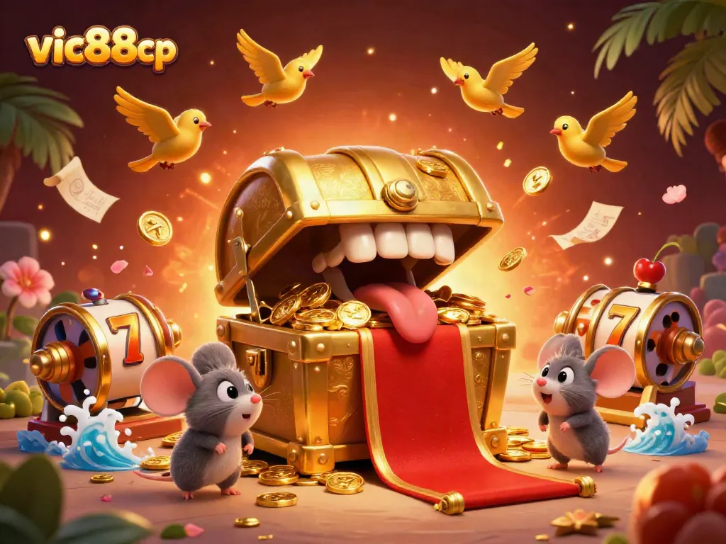 Engage with the thrilling vic88cp casino experience, showcasing a treasure chest and slot reels.
