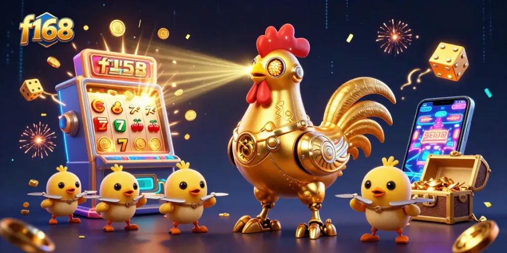 Engage with f168's thrilling casino experience featuring a golden rooster robot and slot machine chaos!