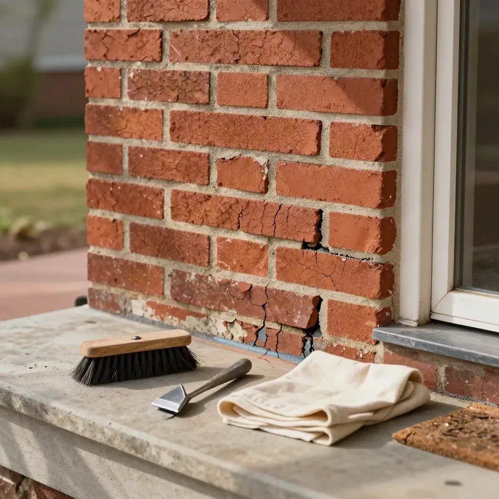 Repaired brick porch pier with fresh mortar, brush, hawk, and canvas drop cloth.