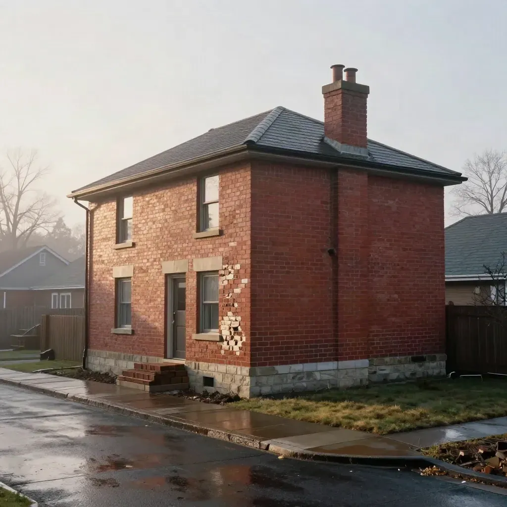 Rain-damp brick house facade with repaired bay, rebuilt chimney, and misty dawn light.
