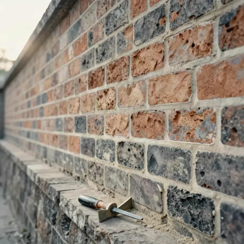 Weathered brick wall with crisp new mortar joints and dusty masonry detail.