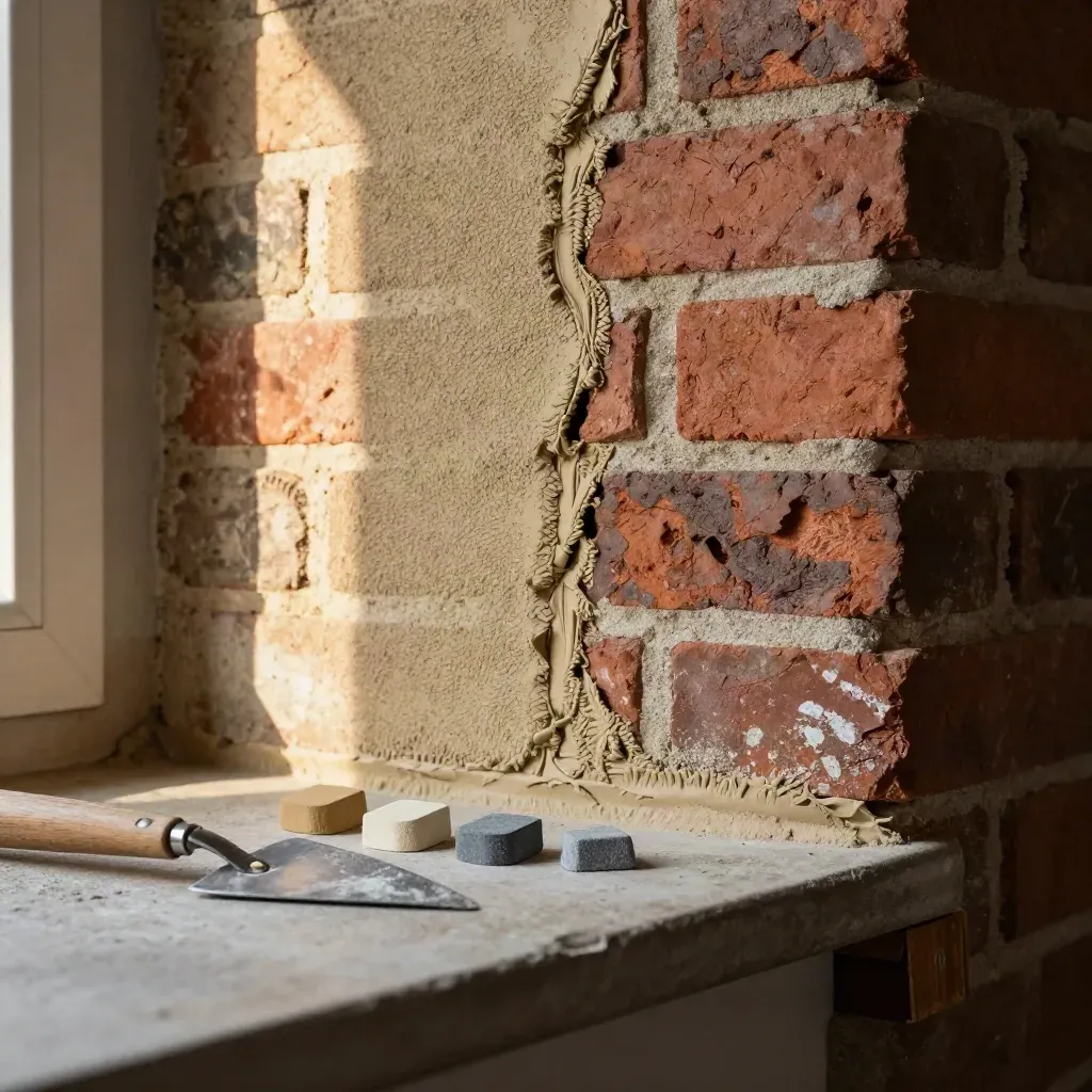 Brick wall repair with matched mortar samples and trowel in warm late-day light