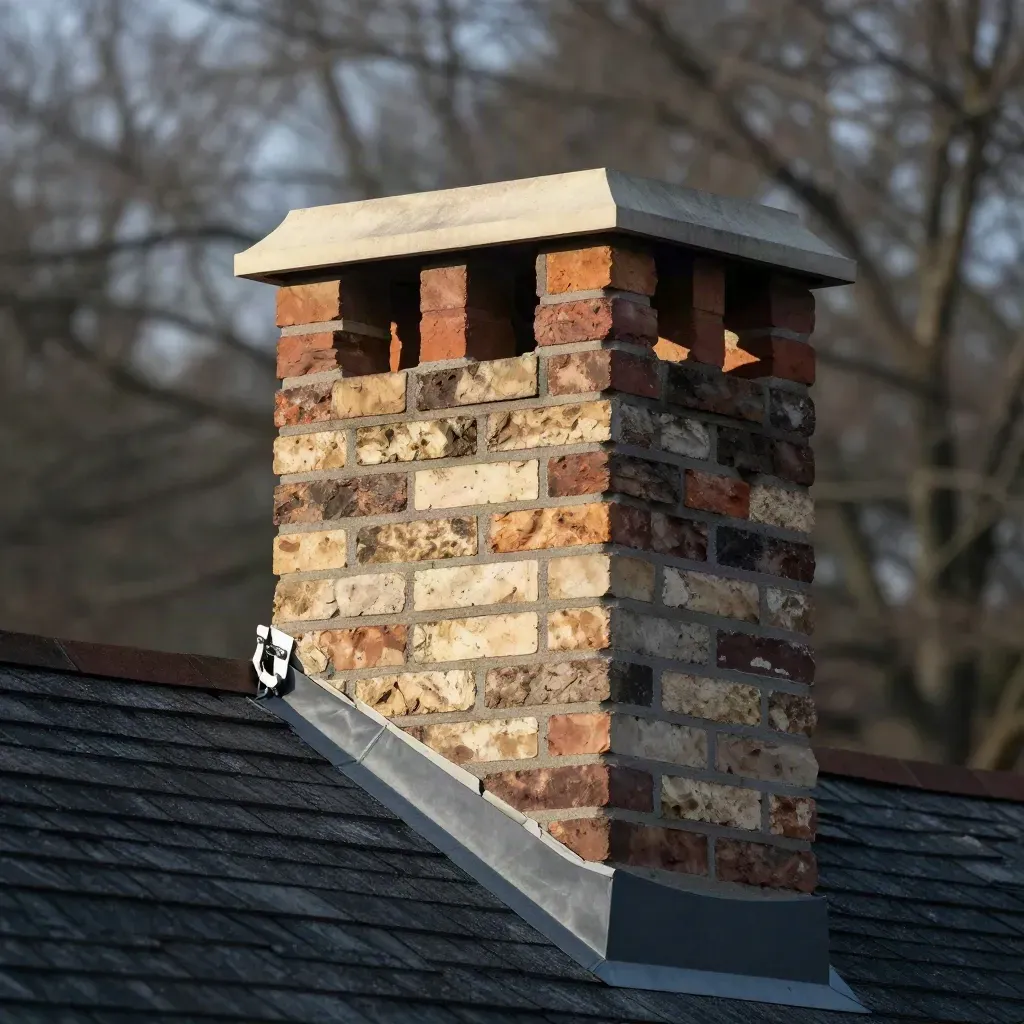 Low-angle view of a rebuilt chimney stack with fresh brick, cap and flashing against a hazy sky.