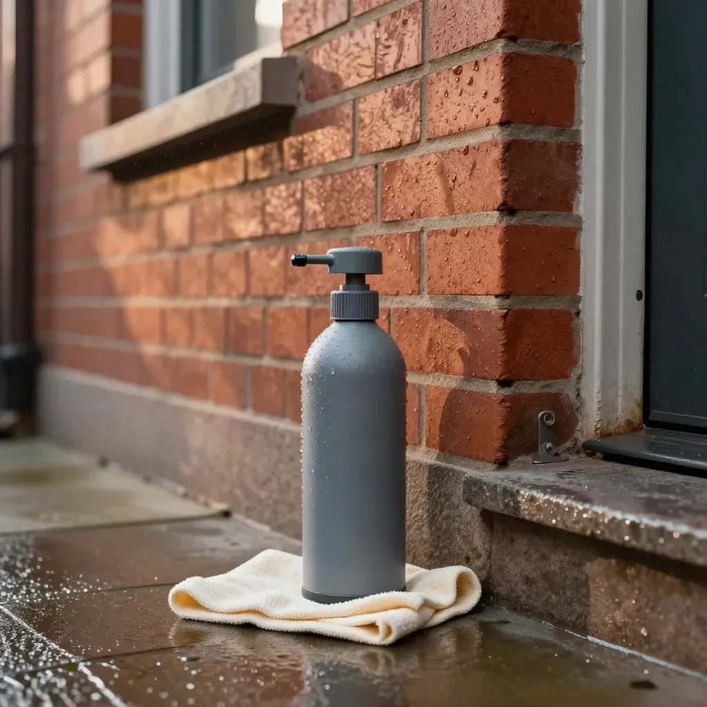 Beaded water on sealed brick beside a sprayer and clean drop cloth