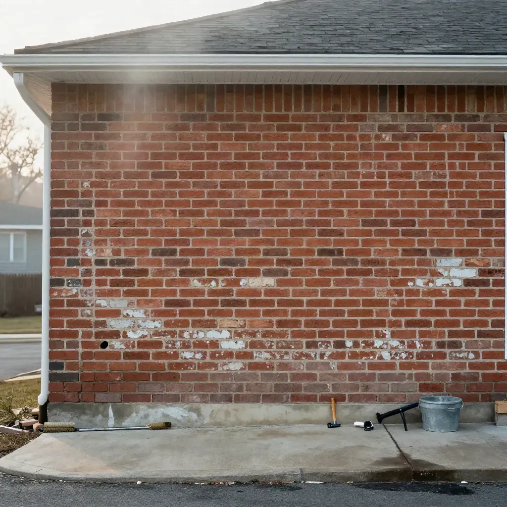 Repaired brick front wall with matched mortar, trowel and bucket beside a misty driveway.