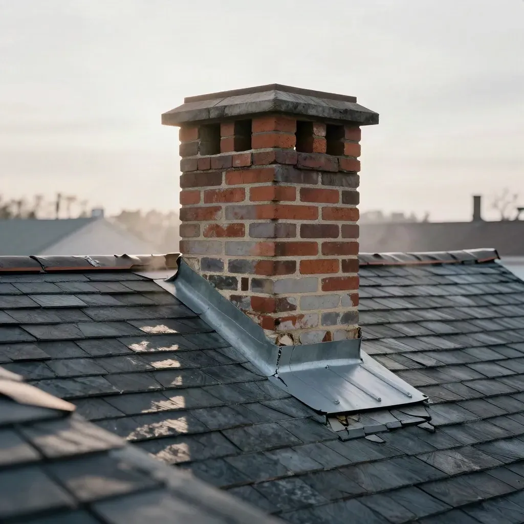 Rebuilt chimney stack with fresh flashing and cap on a hazy rooftop