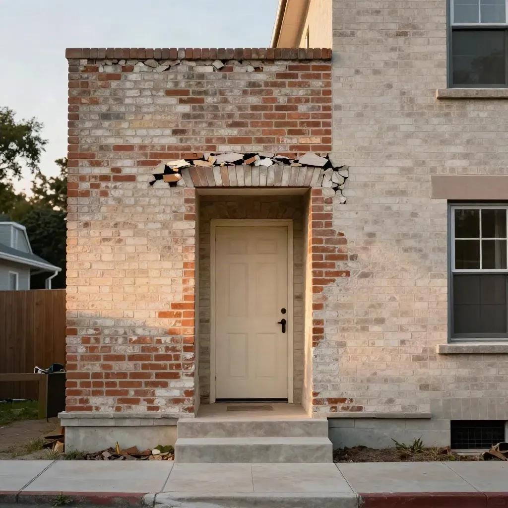 Repaired rental duplex facade with fresh mortar, cream door, and swept stoop at dusk