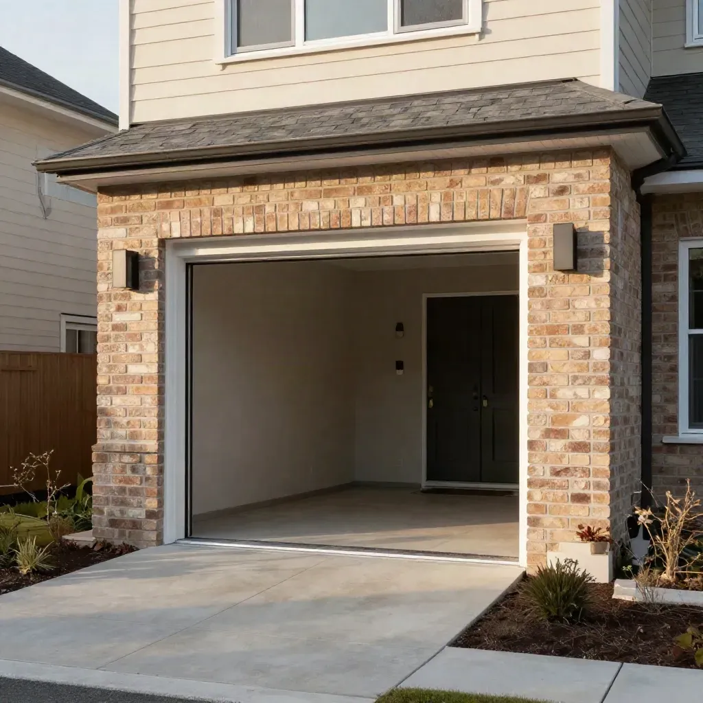 Finished brick veneer entrance with crisp garage lines, sandstone steps and soft haze.