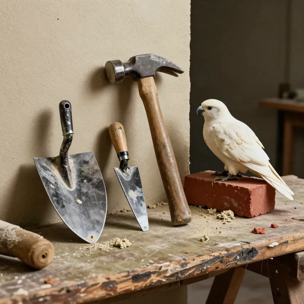 Close-up of masonry tools resting on a dusty workbench with chalky mortar traces.