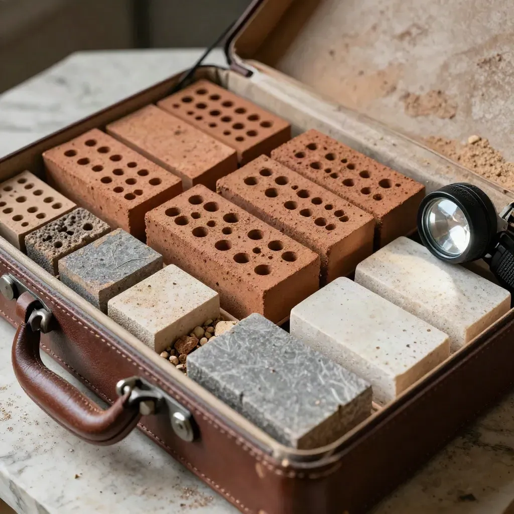 Opened brick sample case with stone offcuts and a headlamp on dusty travertine.