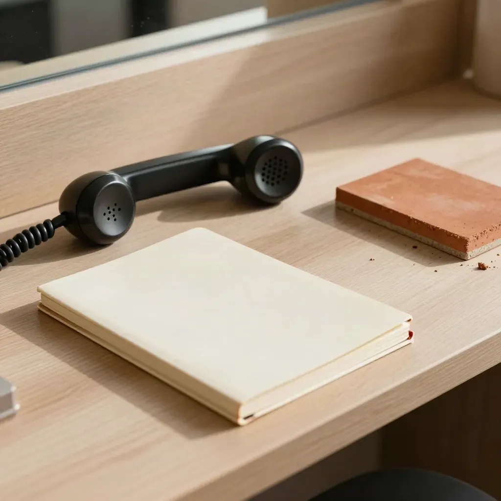 Handset, cream notebook and brick sample tile on a masonry service counter