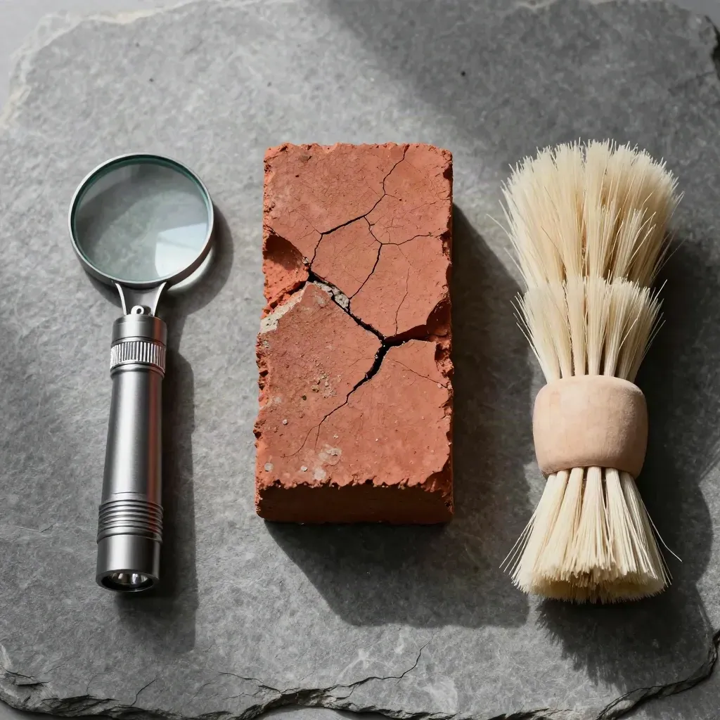 Overhead brick repair inspection kit with chip, mirror, flashlight and brush on stone.