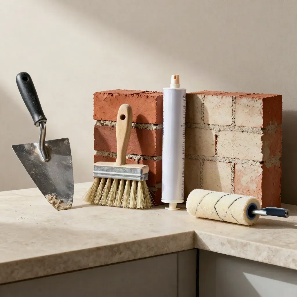 Trowel, brush, roller sleeve, and cured brick sample on a pale shelf in soft daylight.
