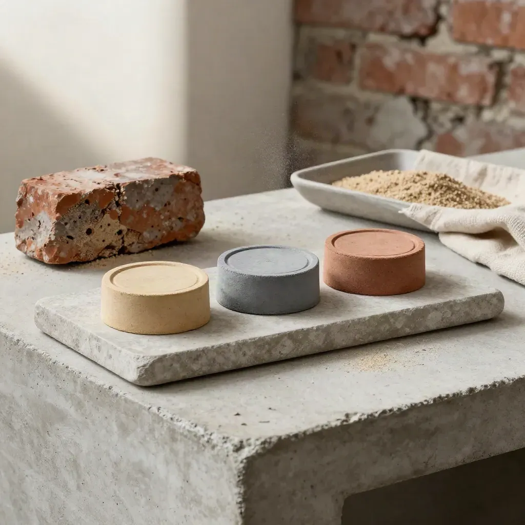 Mortar test pucks, brick fragment, and sand tray on stone with a folded cloth in soft daylight.