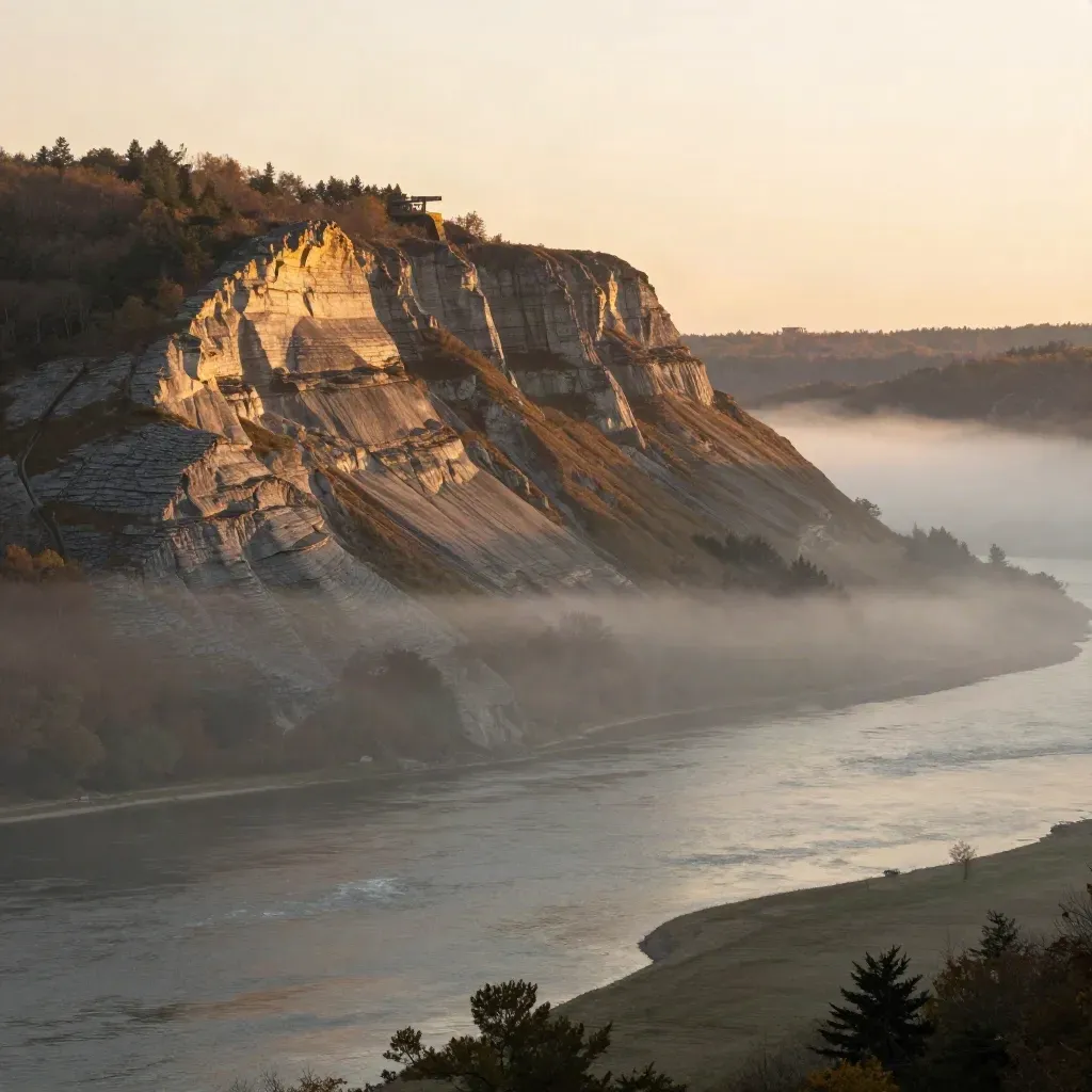 Niagara Escarpment ridges above a hazy river valley at warm sunset.