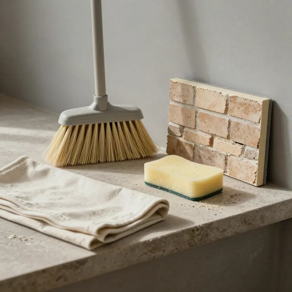 Broom, folded tarp, sponge and repaired brick corner sample on a stone ledge.