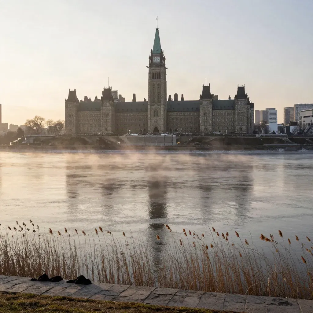 Parliament Hill over the Ottawa River in dawn fog, with calm water and low shoreline