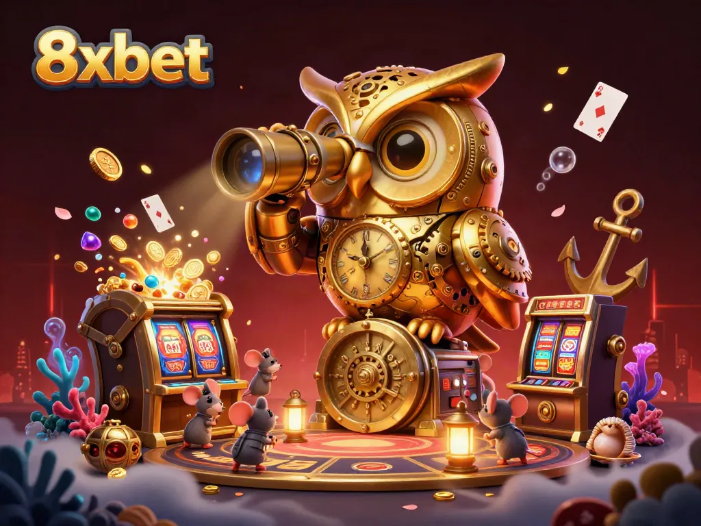 Experience excitement and adventure with 8xbet in this dynamic casino scene featuring a golden clockwork owl and tiny patrons.