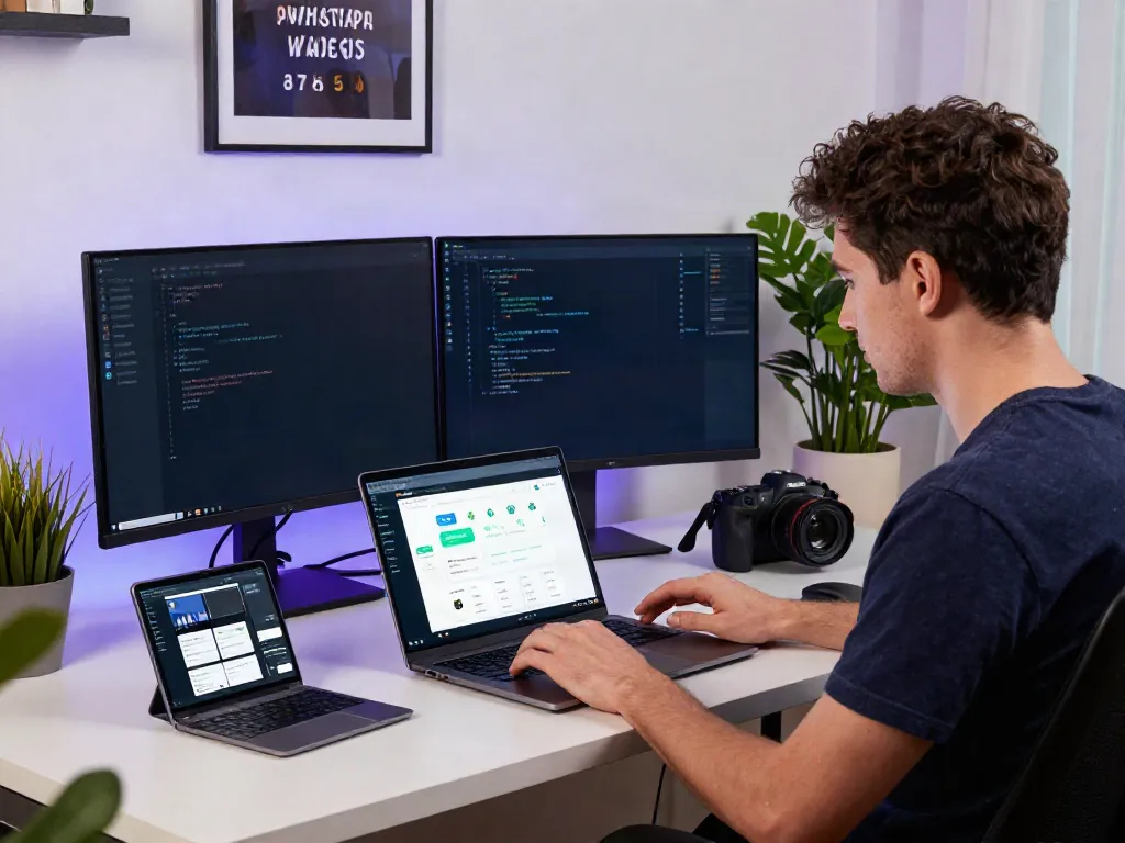 gb whatsapp android waves 17.55 apk download setup in a modern workspace with laptop and Android devices