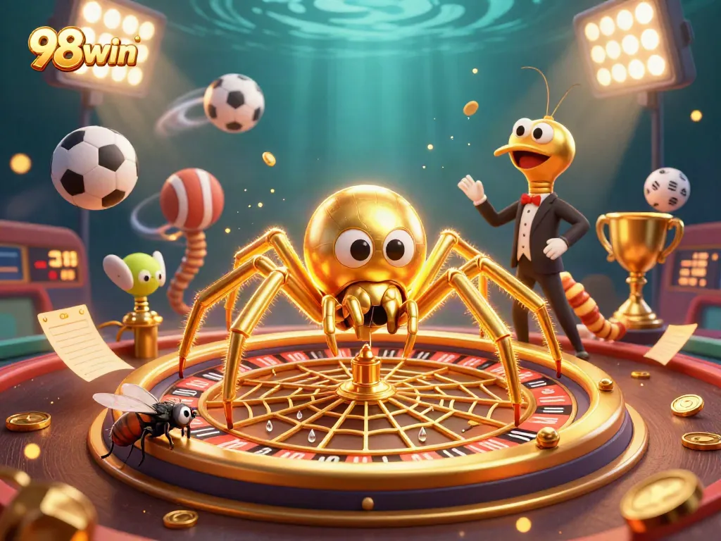 Experience the thrill with 98win as a spider spins a roulette wheel web in a dynamic casino scene.