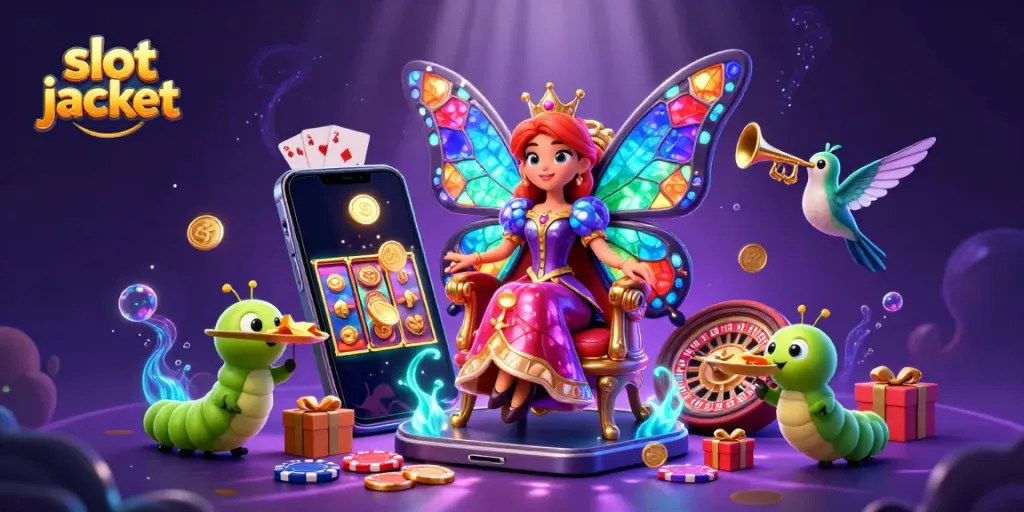 Experience the thrill of slot jackpot wins in this vibrant 3D illustration featuring a butterfly queen amidst casino elements.