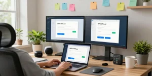 Downloading WPS Download on a sleek laptop in a modern home office.