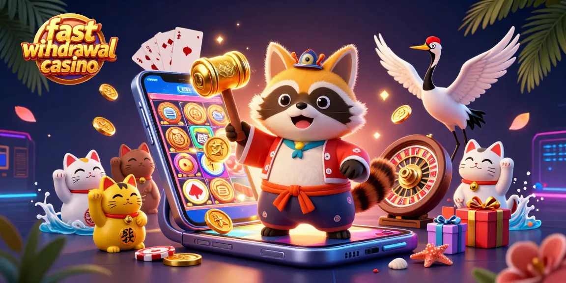 Experience the excitement of fast withdrawal casino games with the cheerful tanuki and festive elements.