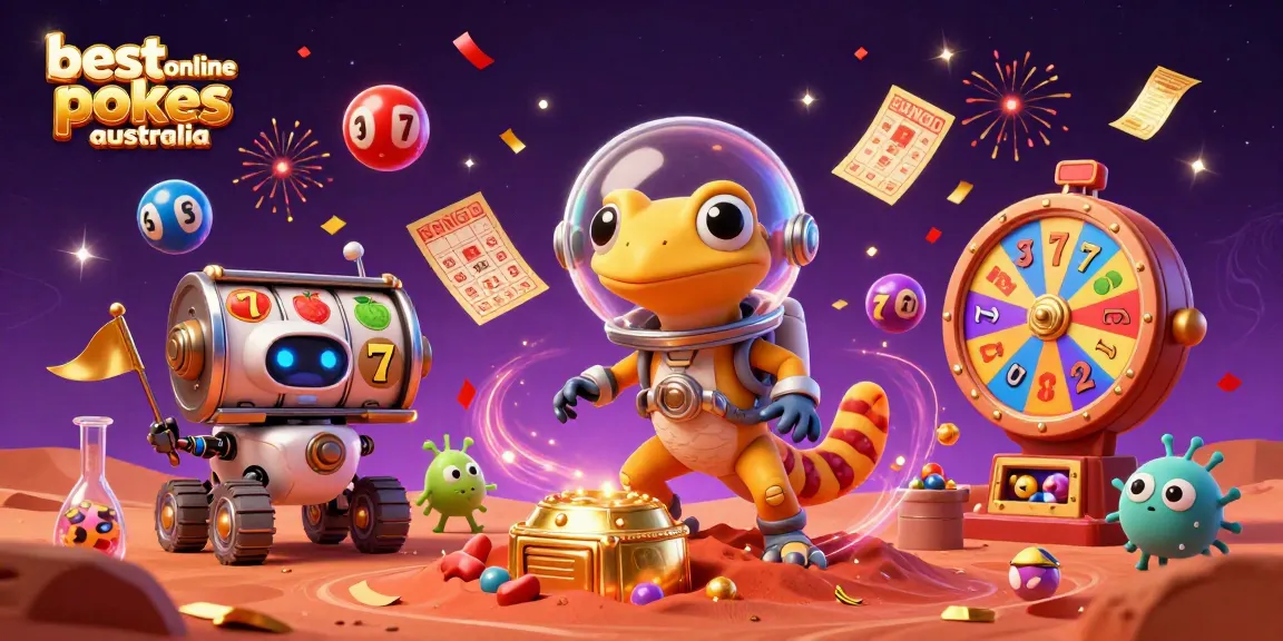 Experience the best online pokies Australia in a vibrant 3D illustration featuring a Martian gecko at a golden casino.